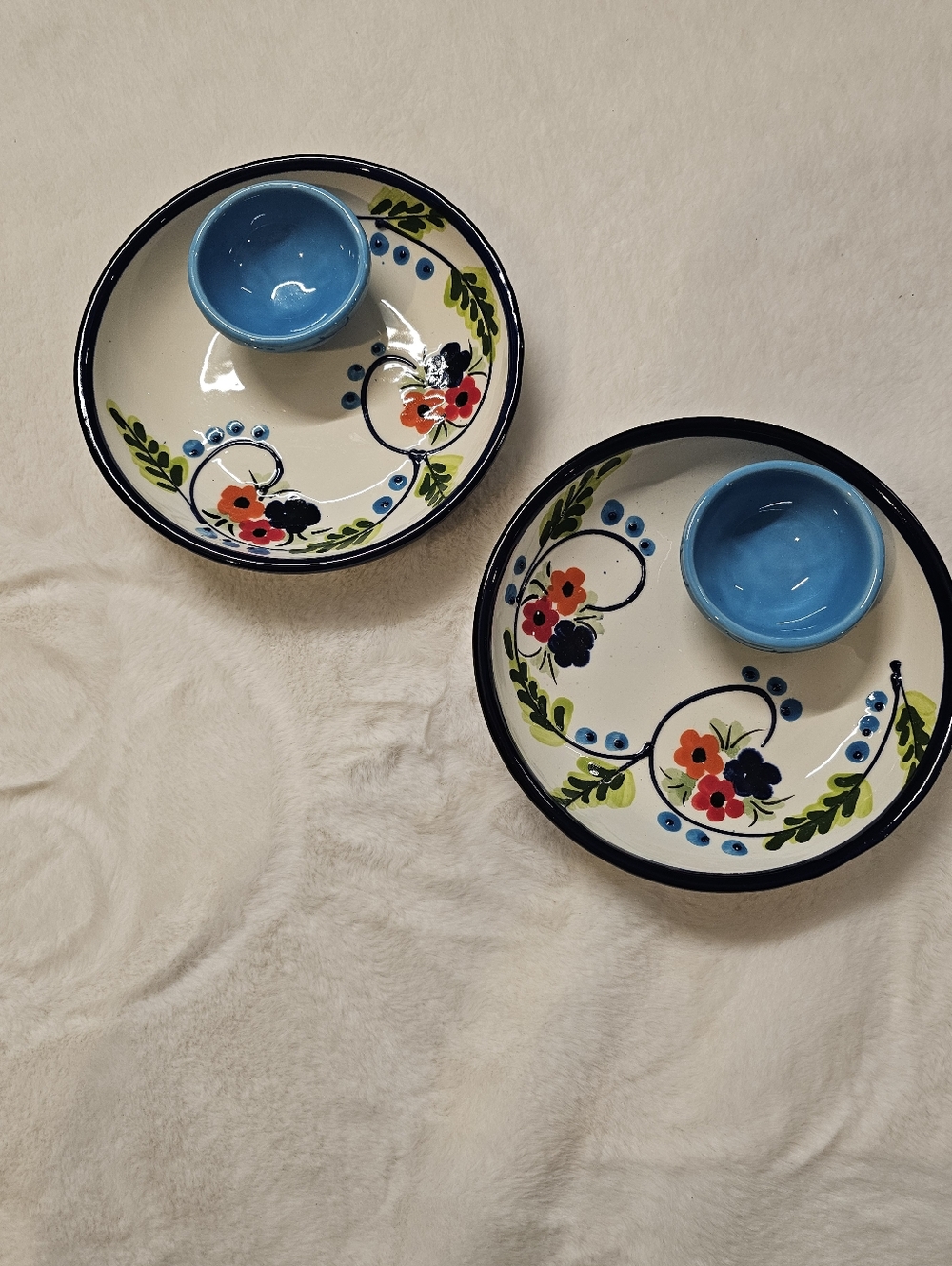 Handmade In Spain Floral Ceramic Chip & Dip Plates. (Set Of 2)